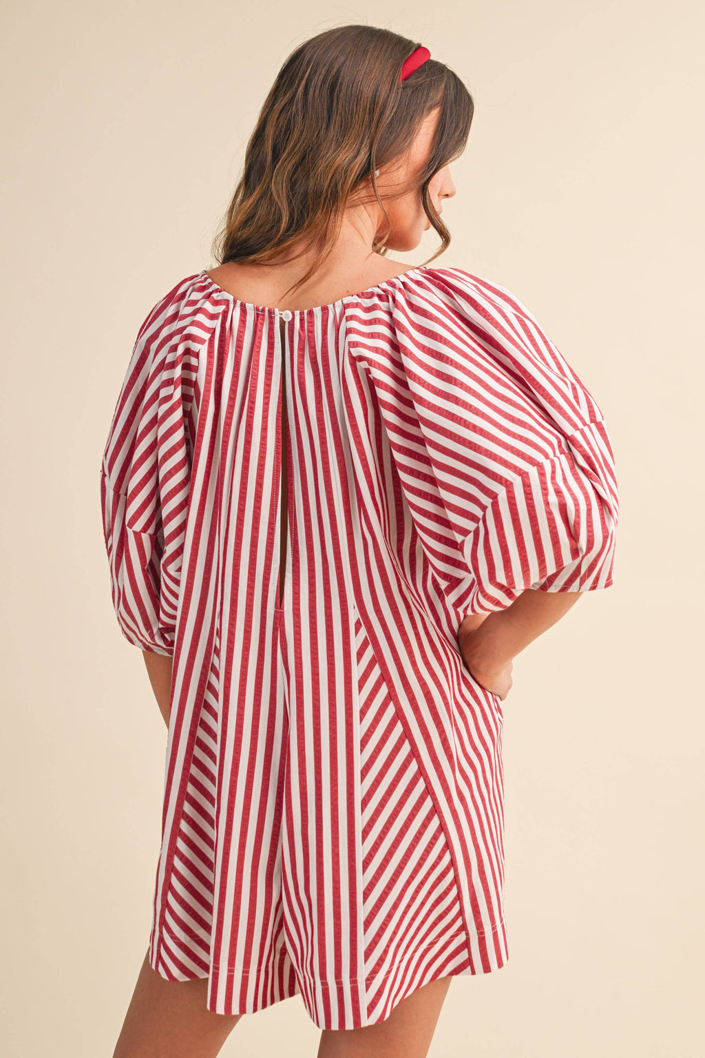 AMERICAN STRIPED OVERSIZED SCOOPNECK PUFF SLEEVE ROMPER