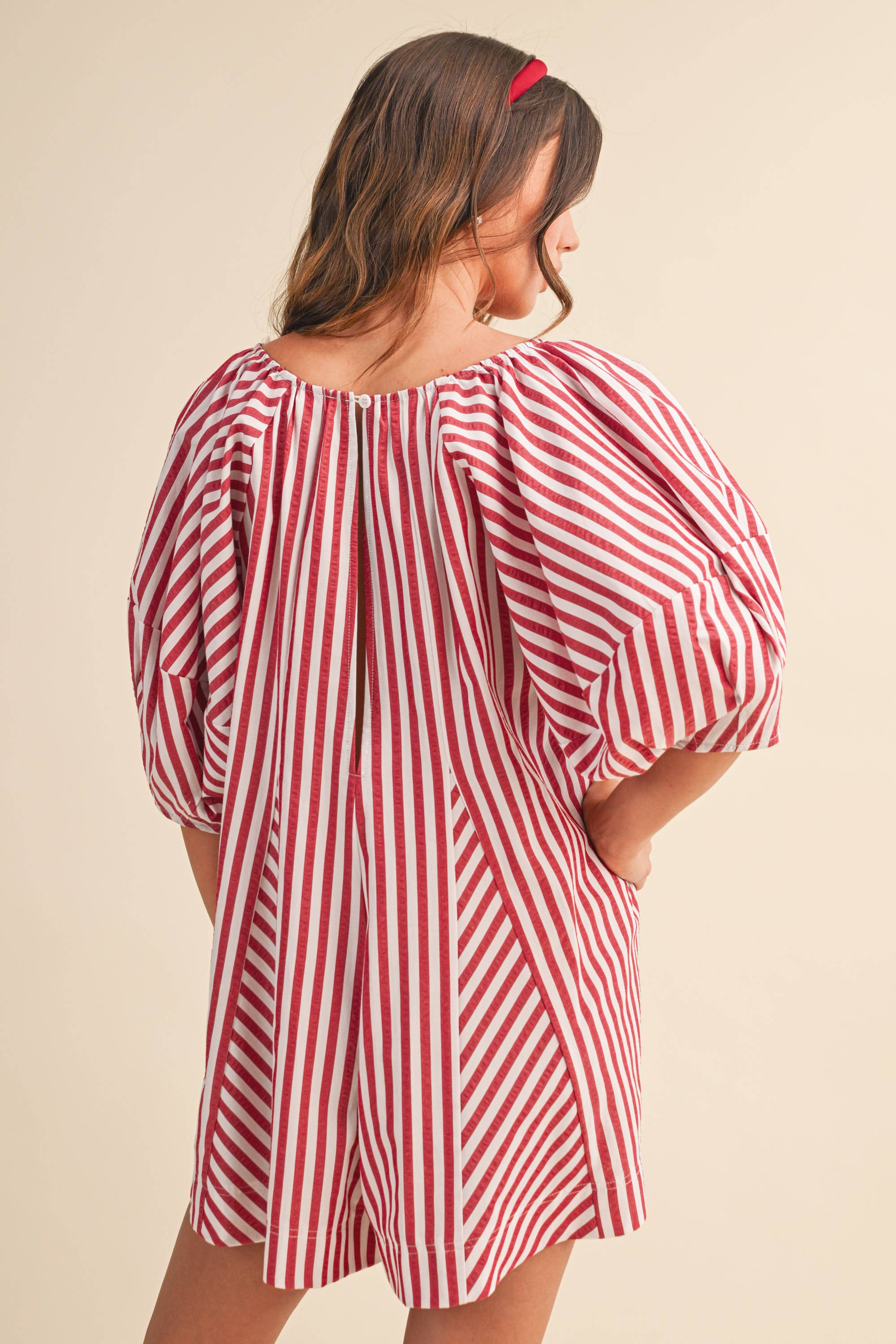 AMERICAN STRIPED OVERSIZED SCOOPNECK PUFF SLEEVE ROMPER
