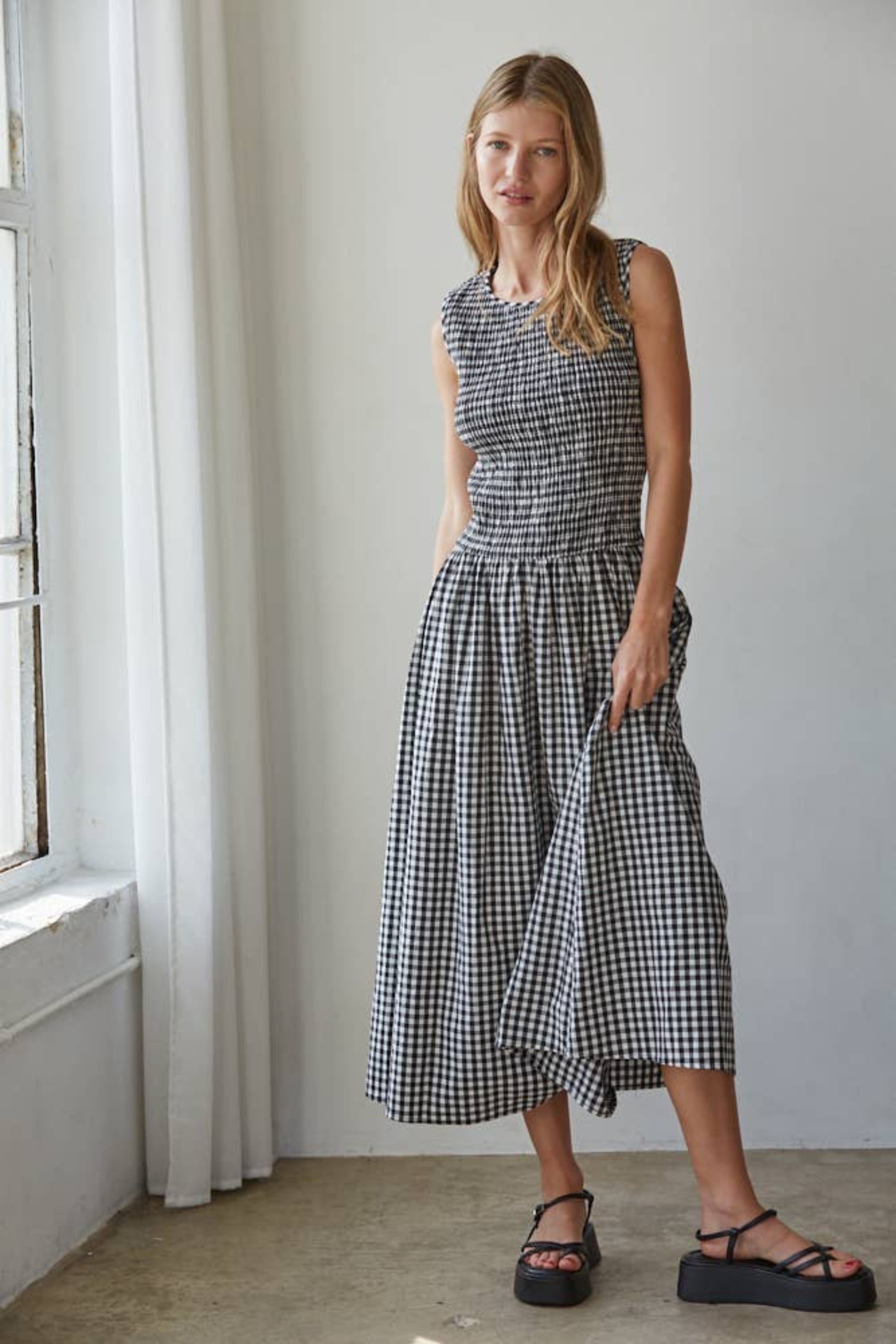 Smocked Gingham Midi Dress