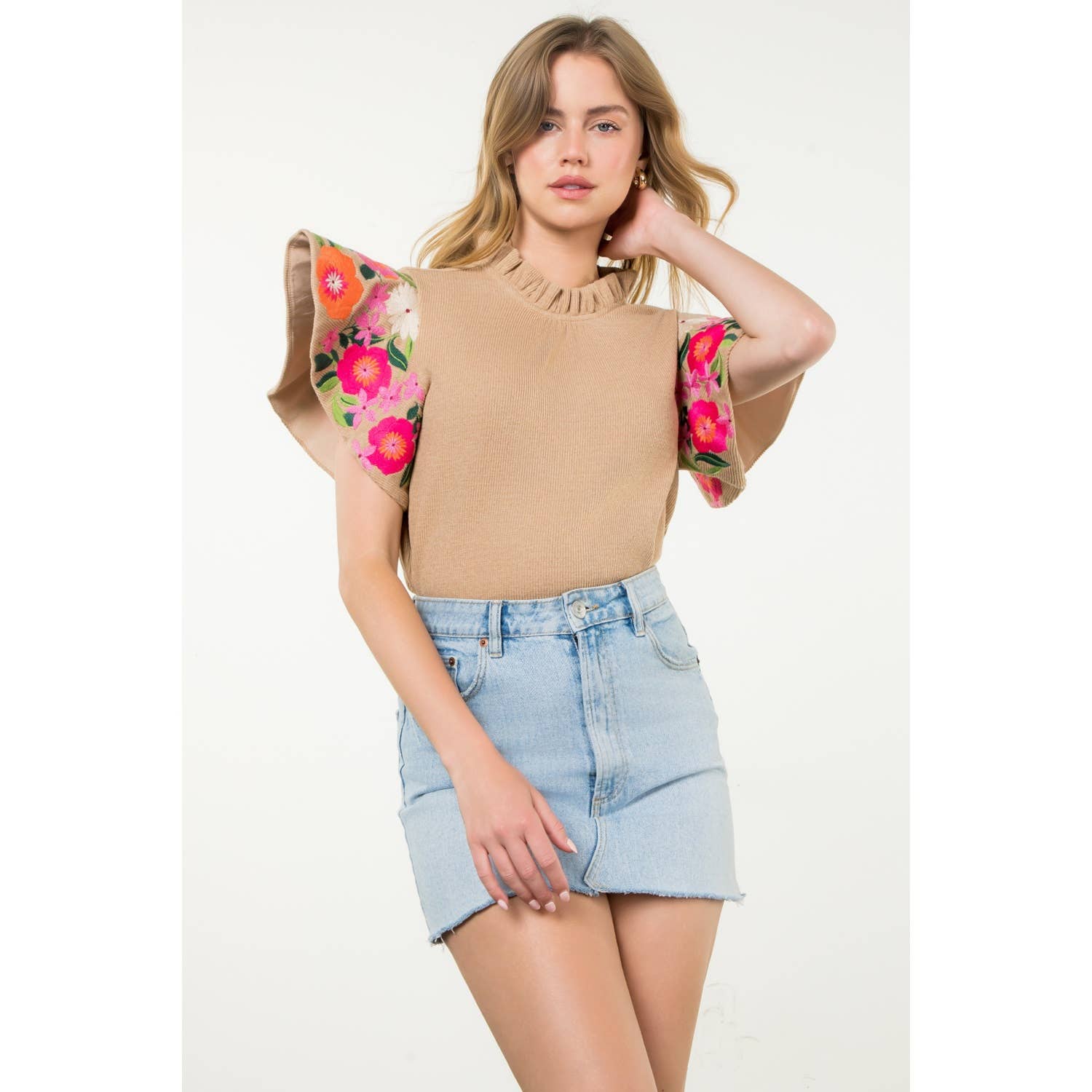Embroidered Flutter Sleeve Top