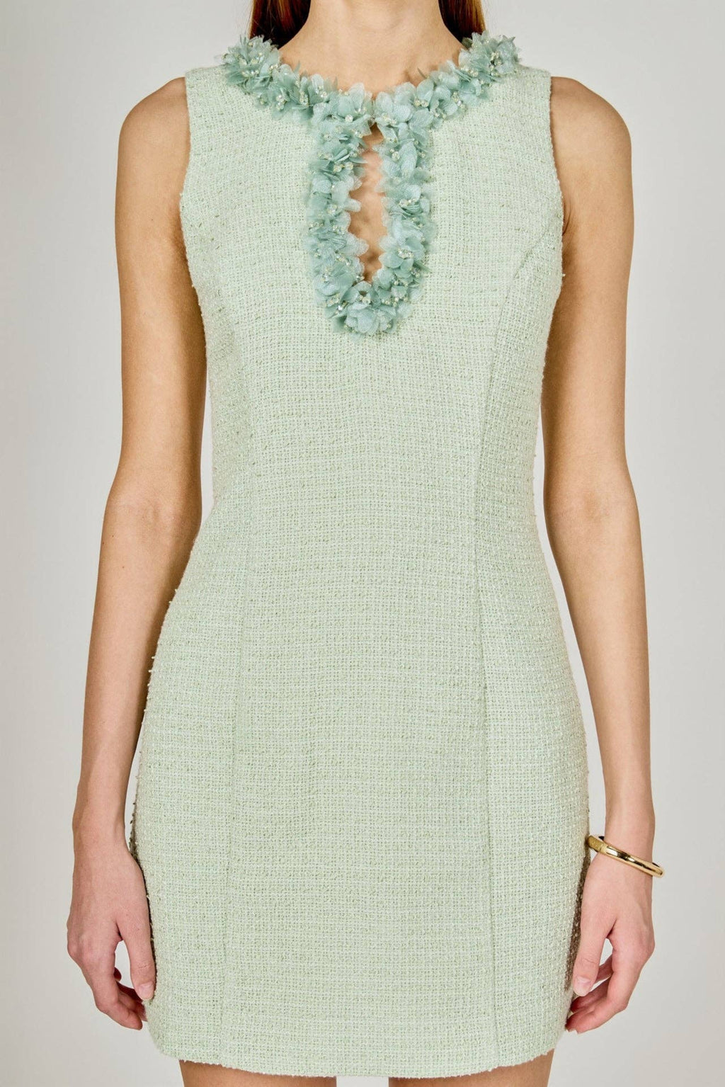 Tweed Racerback Floral Trim Mini Dress