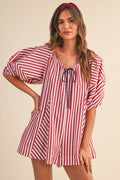 AMERICAN STRIPED OVERSIZED SCOOPNECK PUFF SLEEVE ROMPER