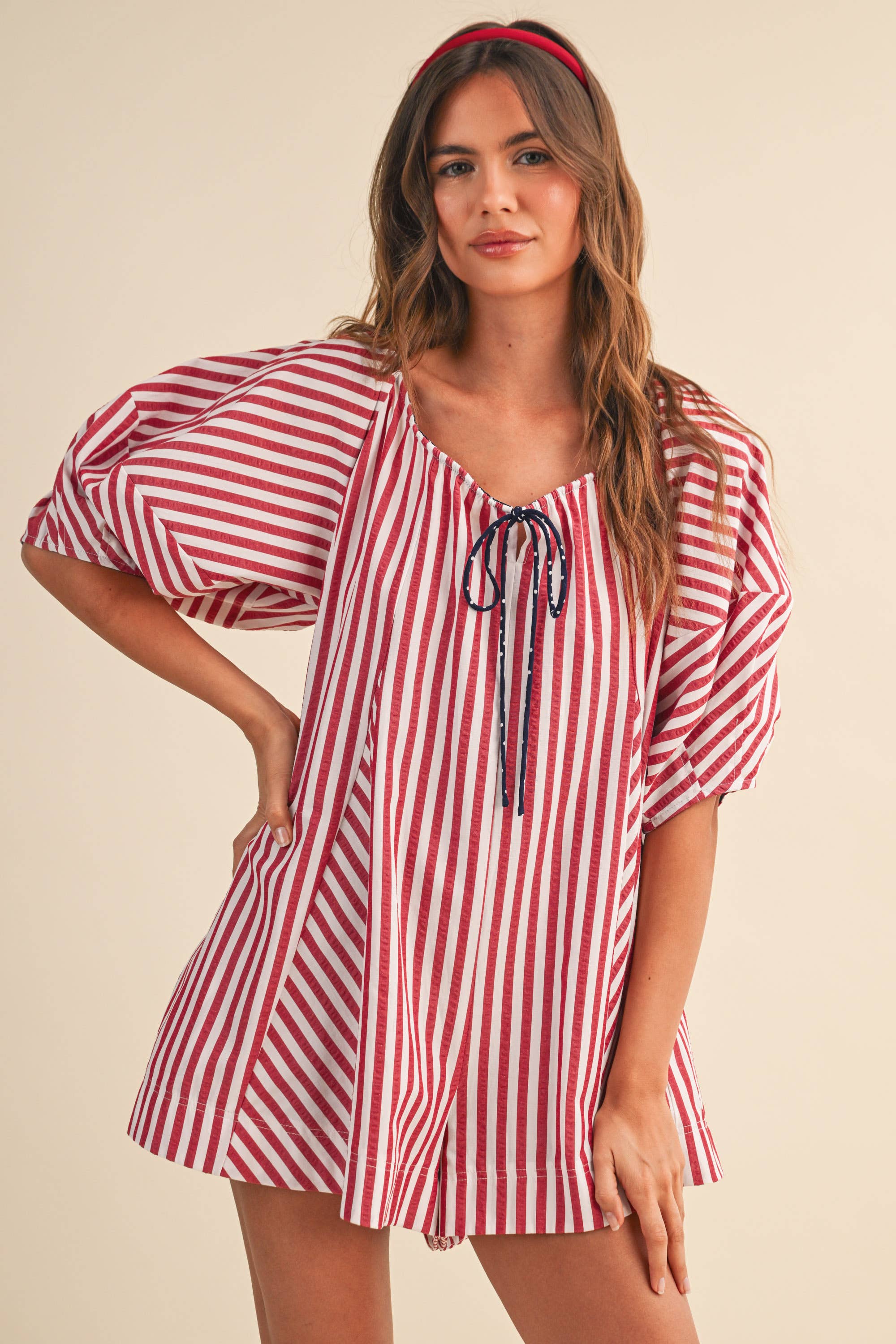 AMERICAN STRIPED OVERSIZED SCOOPNECK PUFF SLEEVE ROMPER