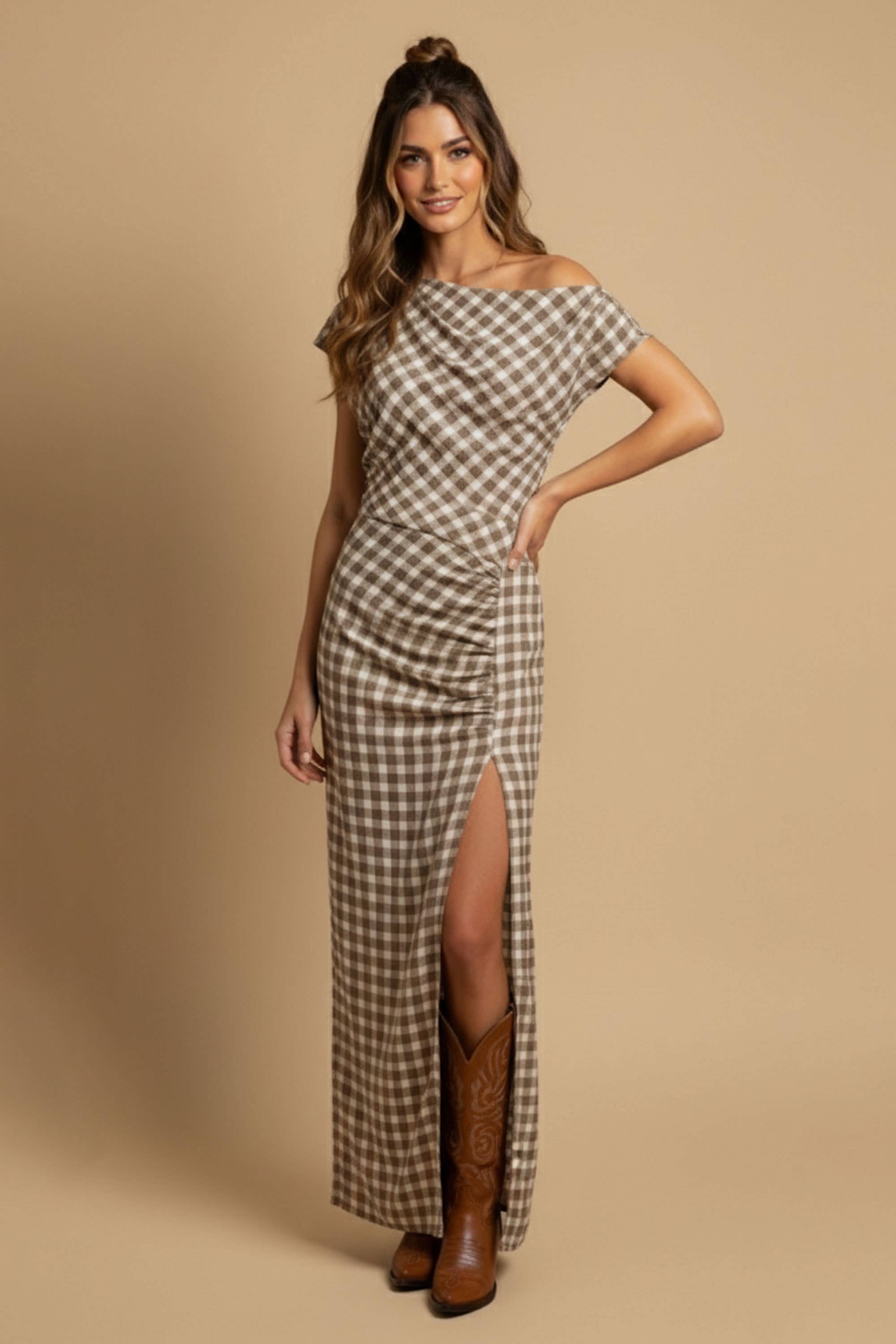 Off-Shoulder Gingham Maxi Dress