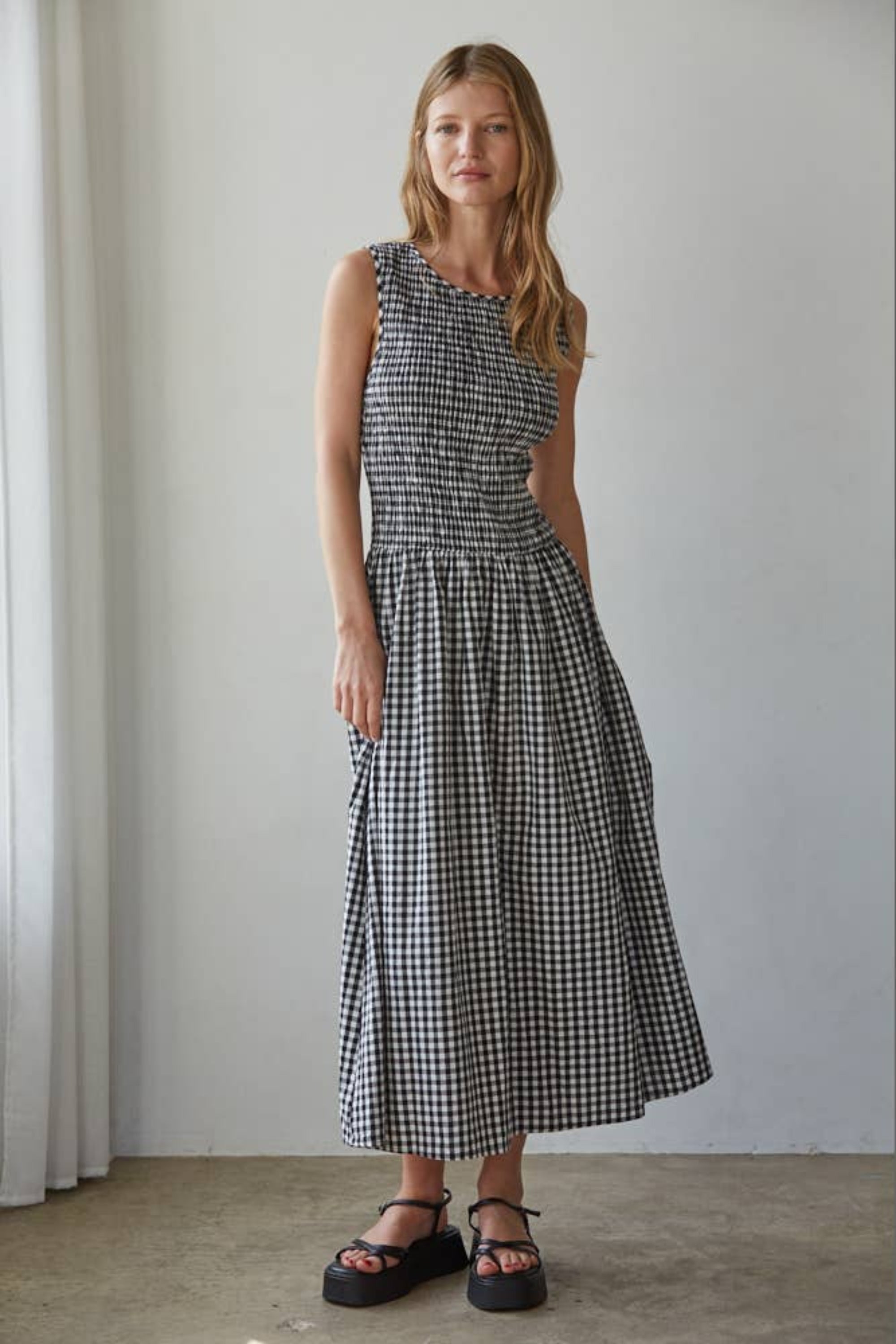 Smocked Gingham Midi Dress
