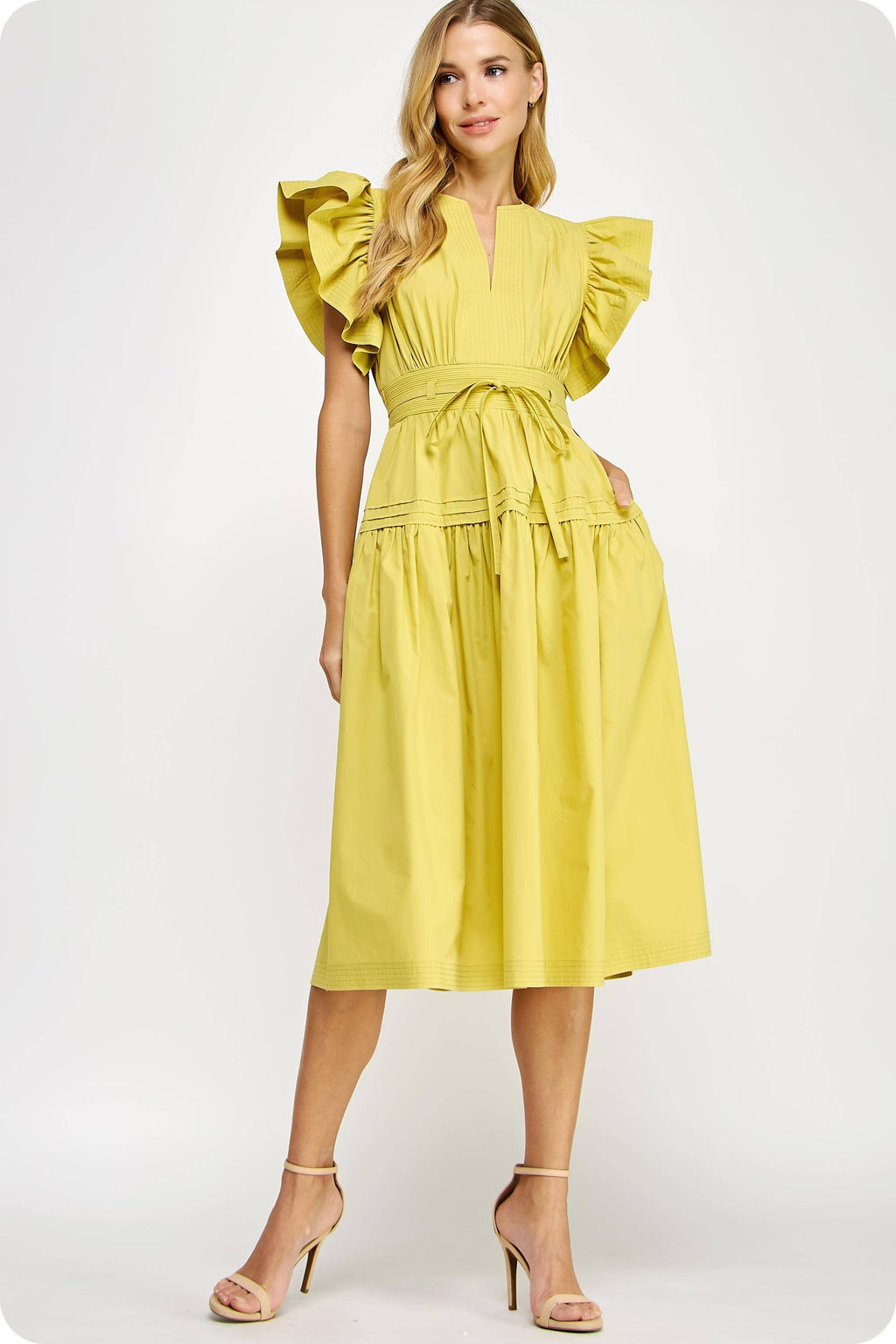 Flutter Sleeve Poplin Midi Dress
