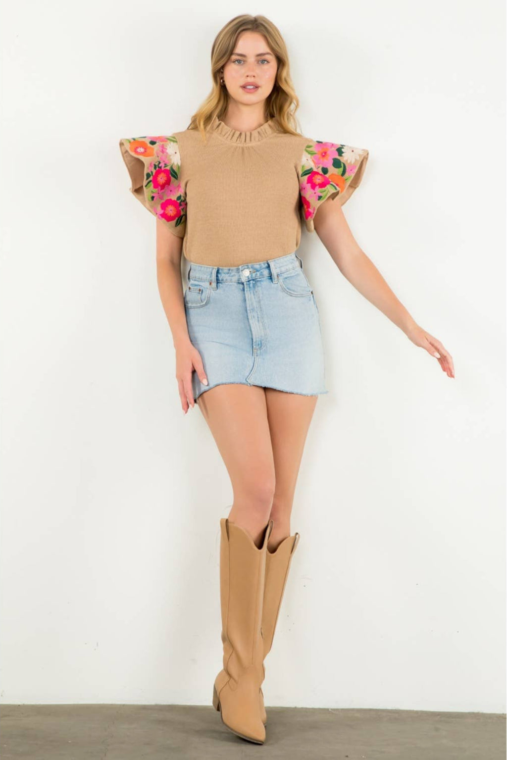 Embroidered Flutter Sleeve Top