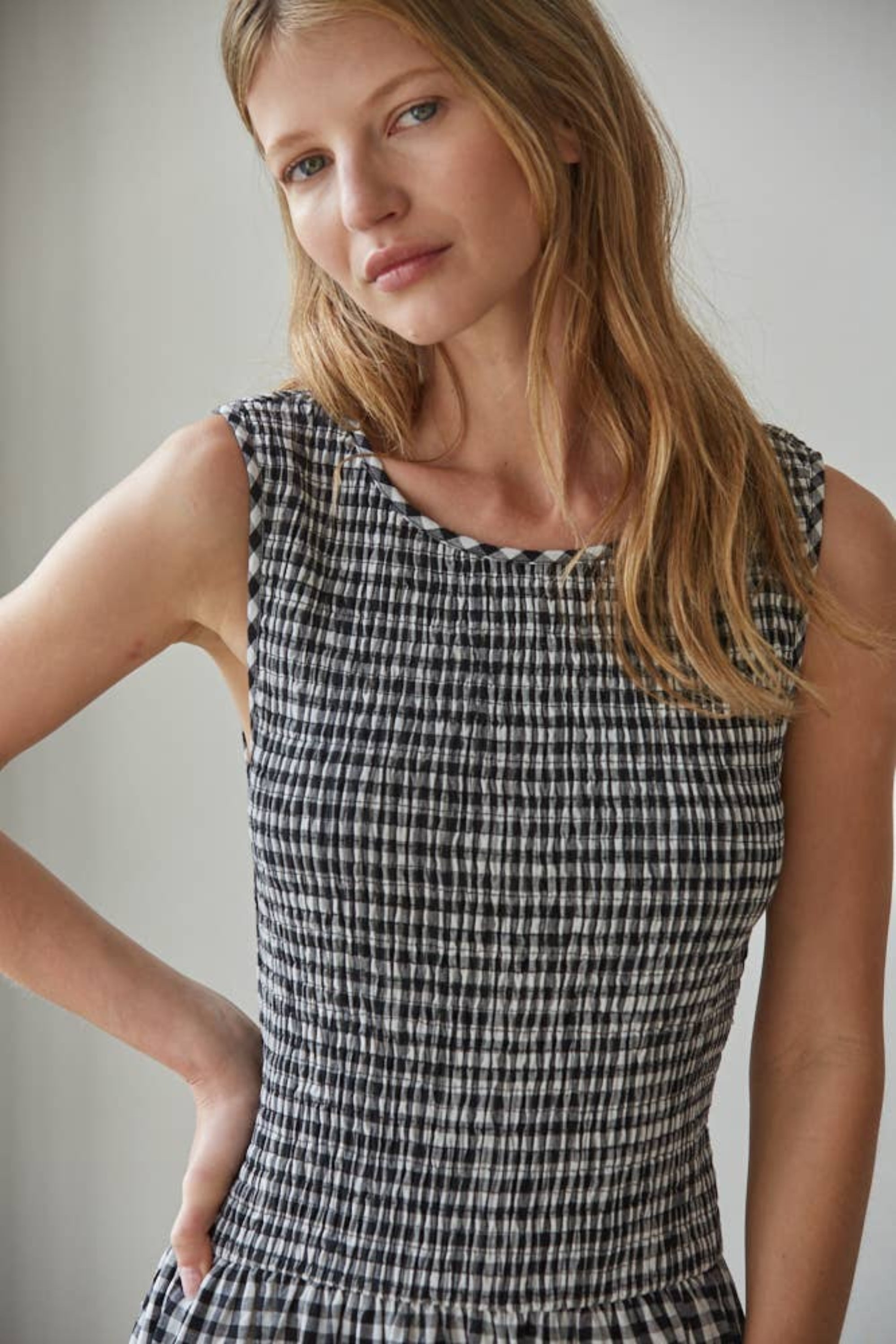 Smocked Gingham Midi Dress