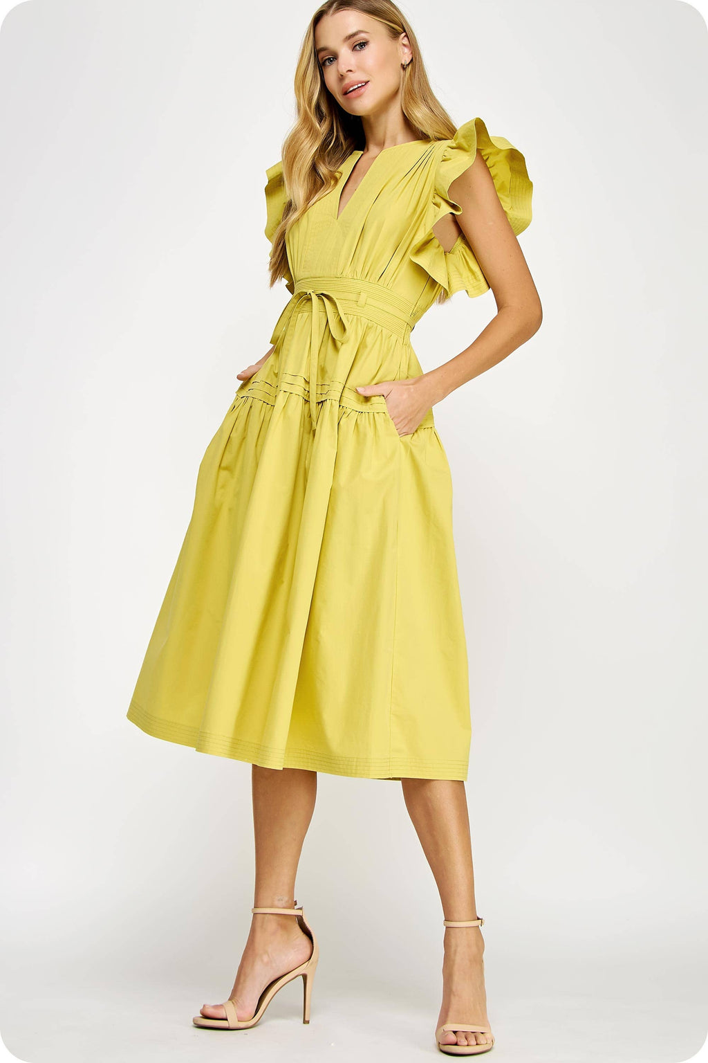 Flutter Sleeve Poplin Midi Dress