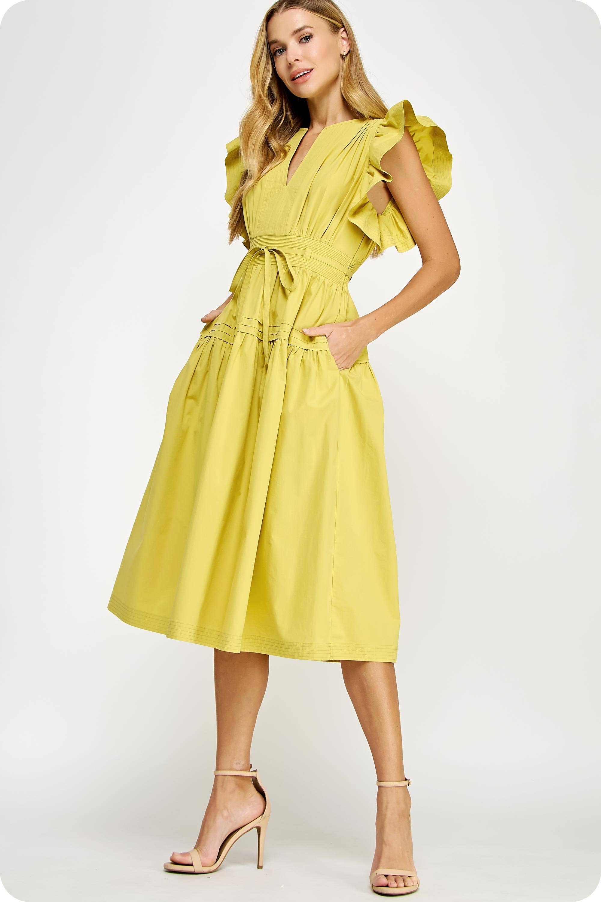 Flutter Sleeve Poplin Midi Dress