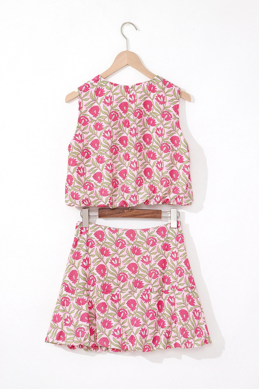 Floral Print Puffy Cropped Tank and Mini Skirt Set
