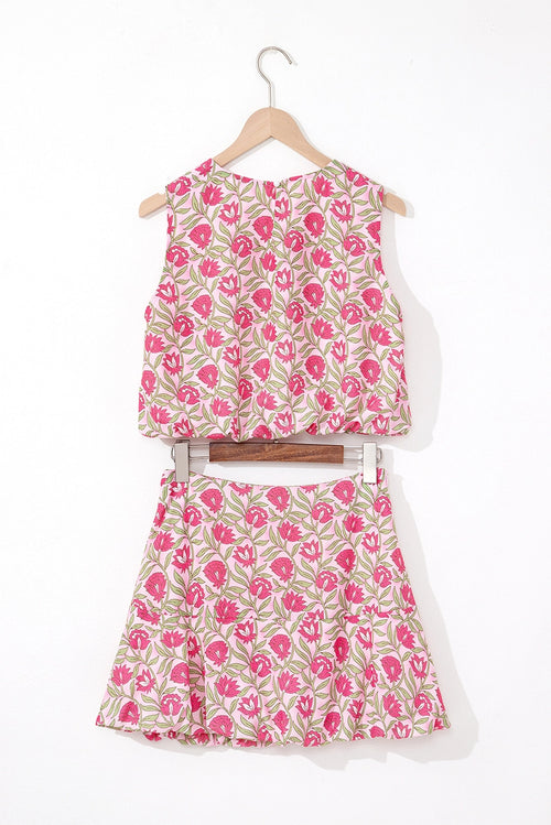 Floral Print Puffy Cropped Tank and Mini Skirt Set