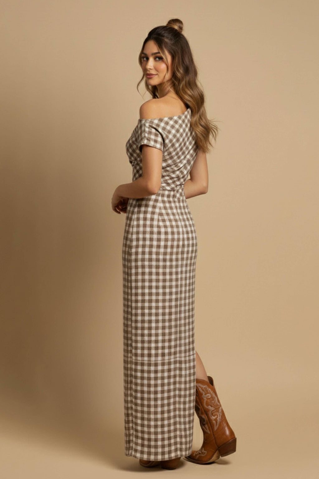 Off-Shoulder Gingham Maxi Dress