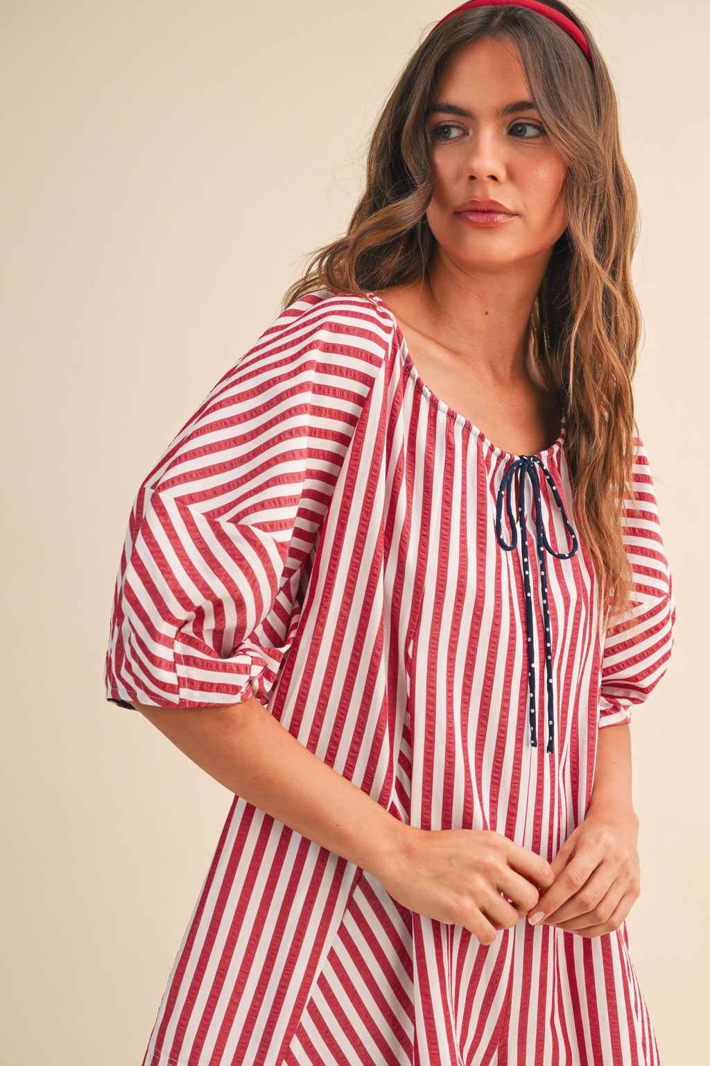 AMERICAN STRIPED OVERSIZED SCOOPNECK PUFF SLEEVE ROMPER