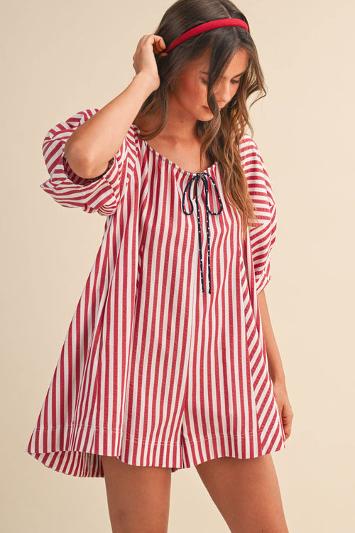AMERICAN STRIPED OVERSIZED SCOOPNECK PUFF SLEEVE ROMPER